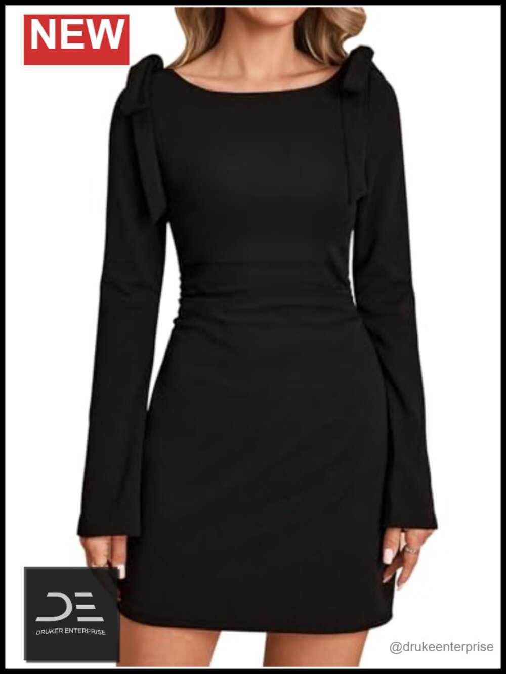 Women's Boat Neck Ruched Bodycon Mini Dress Long Sleeve Bow Shoulder